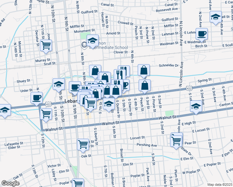 map of restaurants, bars, coffee shops, grocery stores, and more near 528 U.S. 422 in Lebanon