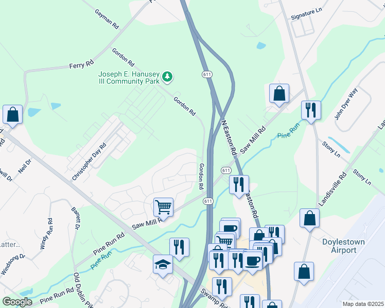 map of restaurants, bars, coffee shops, grocery stores, and more near 3798 Swetland Drive in Doylestown