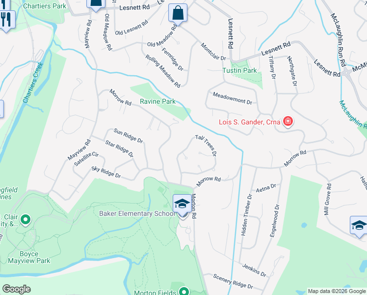 map of restaurants, bars, coffee shops, grocery stores, and more near 1045 Tall Trees Drive in Pittsburgh