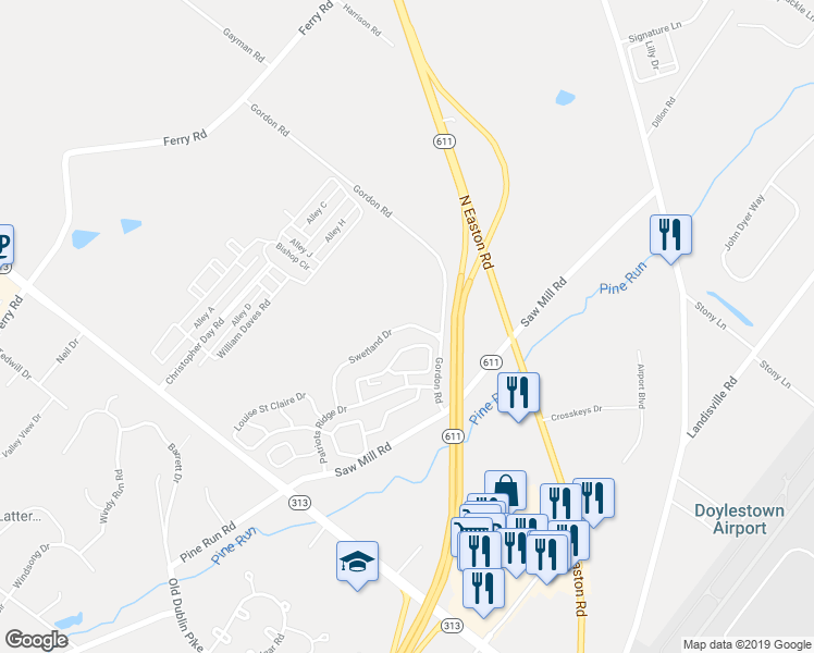 map of restaurants, bars, coffee shops, grocery stores, and more near 3795 Swetland Drive in Doylestown