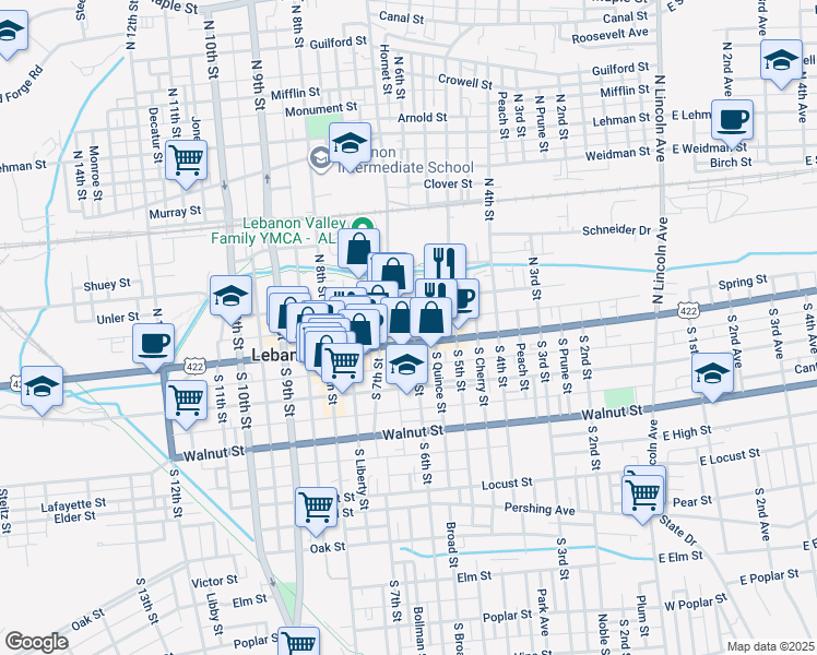map of restaurants, bars, coffee shops, grocery stores, and more near 15 North 6th Street in Lebanon