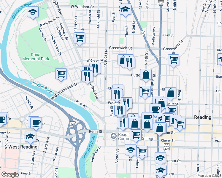 map of restaurants, bars, coffee shops, grocery stores, and more near 130 Elm Street in Reading