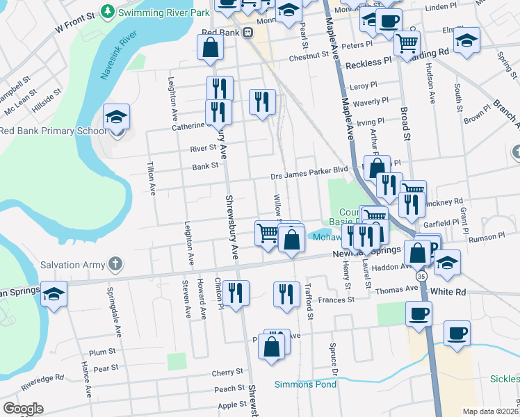 map of restaurants, bars, coffee shops, grocery stores, and more near 51 West Sunset Avenue in Red Bank