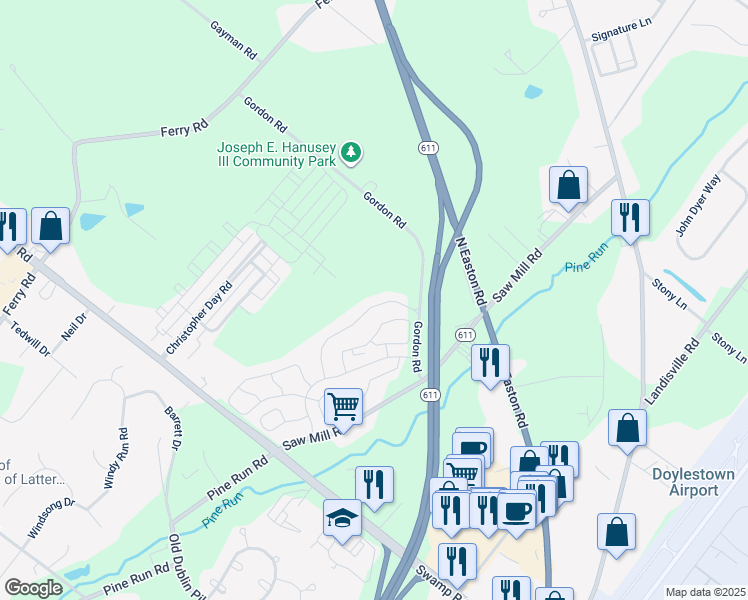 map of restaurants, bars, coffee shops, grocery stores, and more near 3786 Swetland Drive in Doylestown