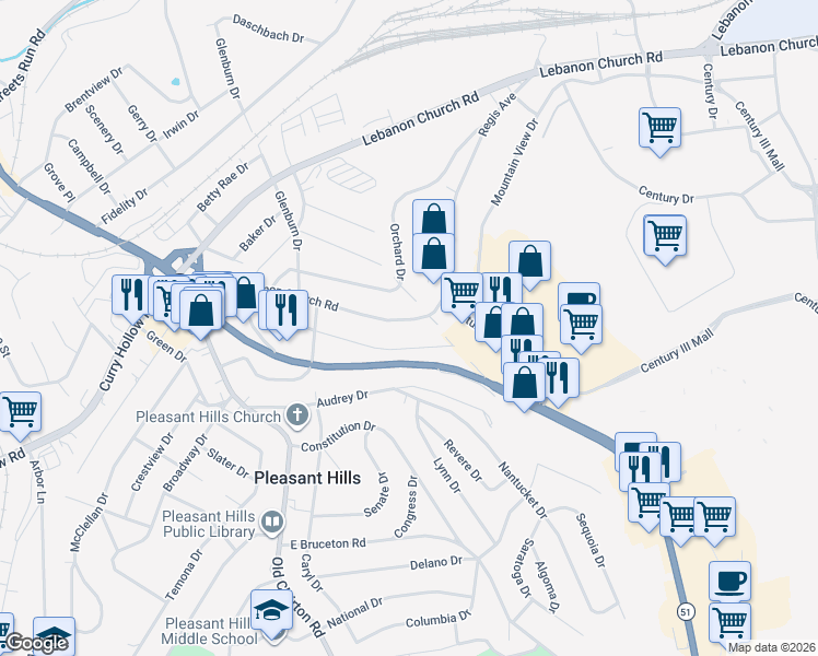 map of restaurants, bars, coffee shops, grocery stores, and more near 183 Sunrise Drive in Pleasant Hills