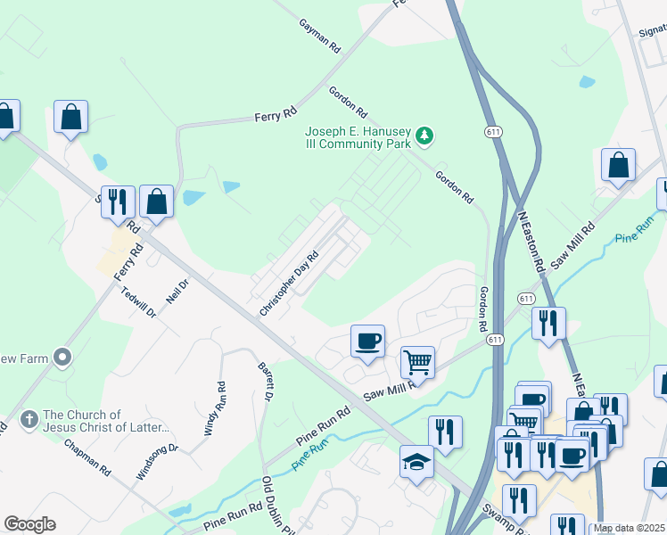map of restaurants, bars, coffee shops, grocery stores, and more near 3715 William Daves Road in Doylestown