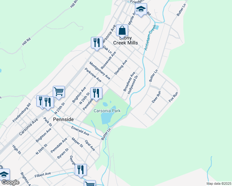 map of restaurants, bars, coffee shops, grocery stores, and more near 1102 Broadway Avenue in Reading
