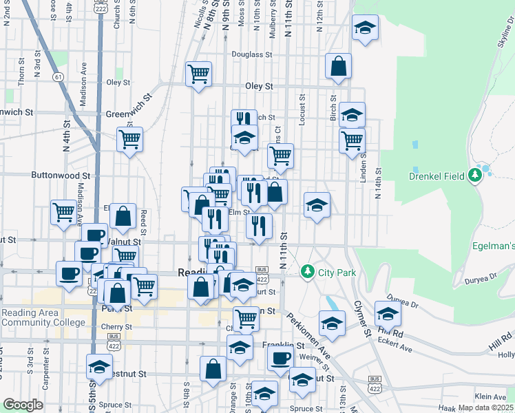 map of restaurants, bars, coffee shops, grocery stores, and more near 239 North 10th Street in Reading