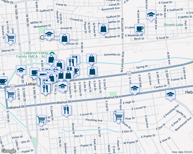 map of restaurants, bars, coffee shops, grocery stores, and more near 14 South 3rd Street in Lebanon