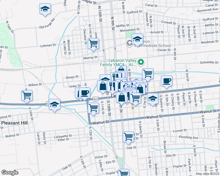 map of restaurants, bars, coffee shops, grocery stores, and more near 15 North 10th Street in Lebanon