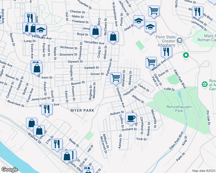 map of restaurants, bars, coffee shops, grocery stores, and more near 1906 Larkin Street in McKeesport