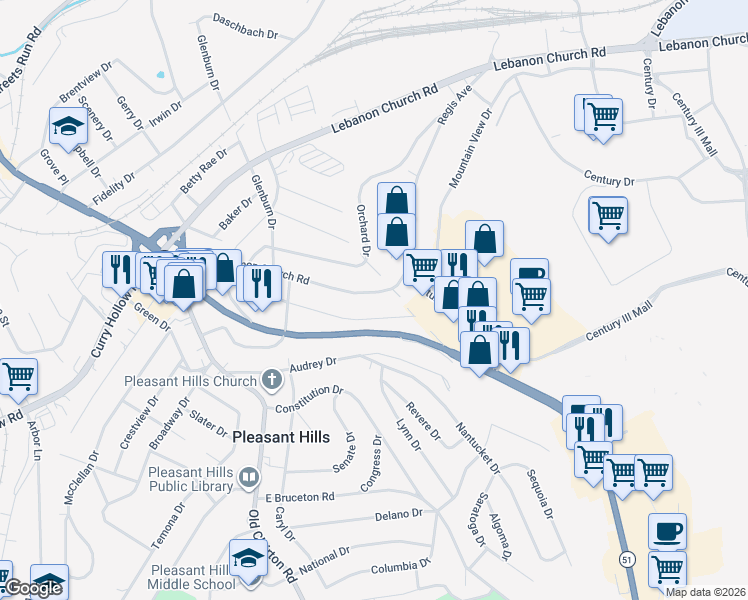 map of restaurants, bars, coffee shops, grocery stores, and more near 183 Sunrise Drive in Pleasant Hills