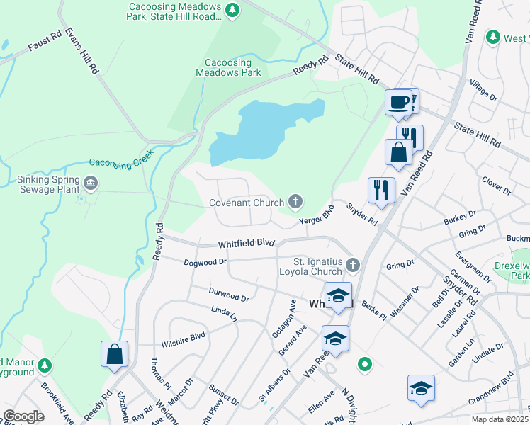 map of restaurants, bars, coffee shops, grocery stores, and more near 1300 Fieldstone Road in Sinking Spring