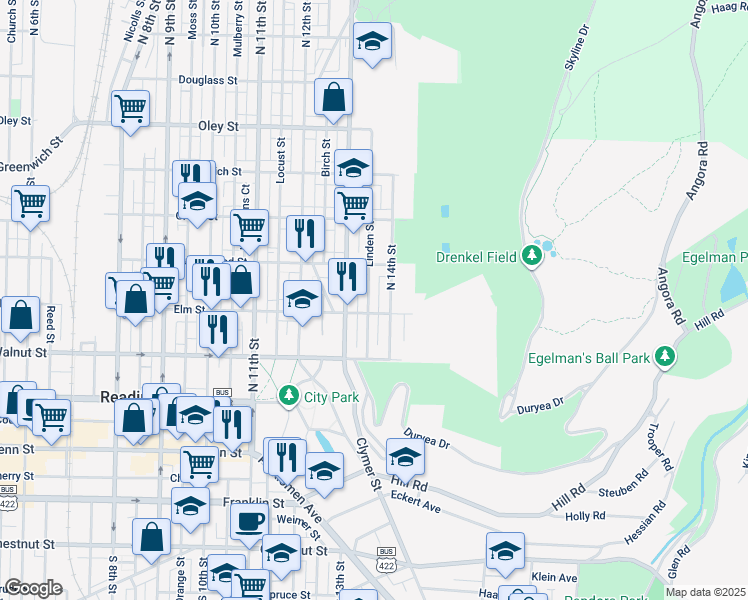 map of restaurants, bars, coffee shops, grocery stores, and more near 319A Linden St in Reading