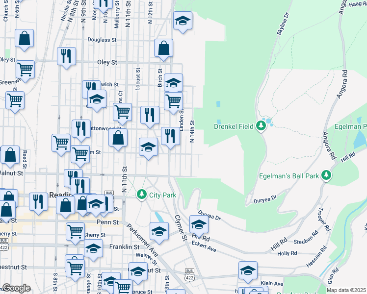 map of restaurants, bars, coffee shops, grocery stores, and more near 319A Linden St in Reading