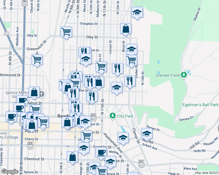 map of restaurants, bars, coffee shops, grocery stores, and more near 1124 Elm Street in Reading