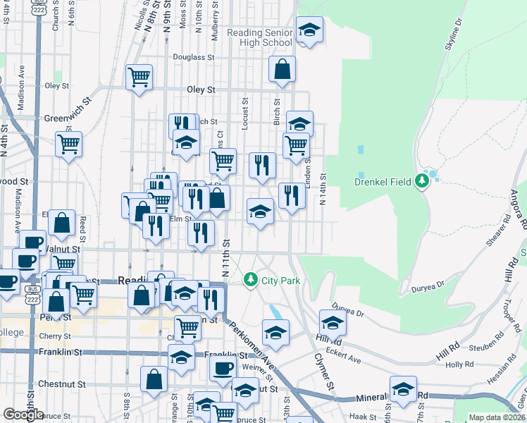 map of restaurants, bars, coffee shops, grocery stores, and more near 1206 Fidelity Street in Reading