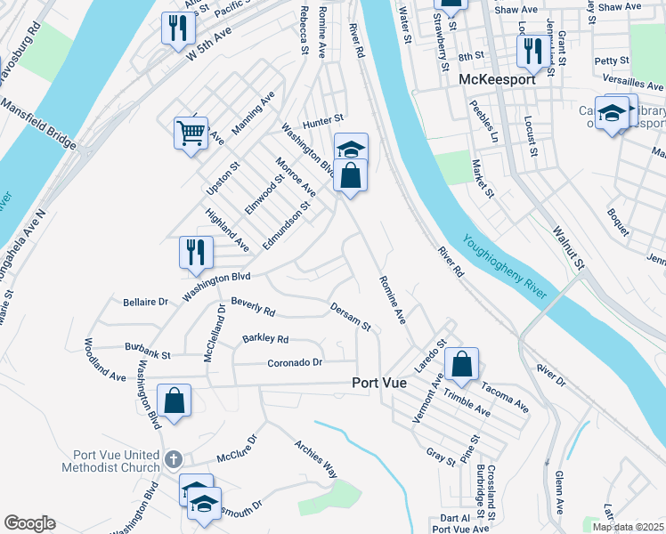 map of restaurants, bars, coffee shops, grocery stores, and more near 305 San Juan Drive in McKeesport