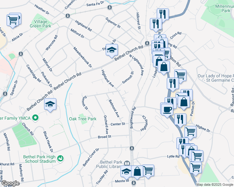 map of restaurants, bars, coffee shops, grocery stores, and more near 5008 Highland Avenue in Bethel Park