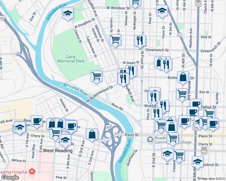 map of restaurants, bars, coffee shops, grocery stores, and more near 26 Croydon Terrace in Reading