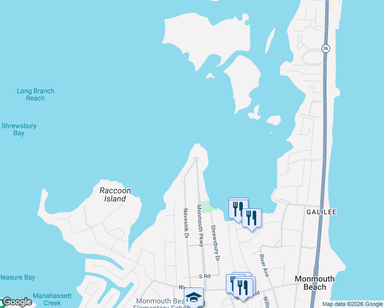 map of restaurants, bars, coffee shops, grocery stores, and more near 75 Monmouth Parkway in Monmouth Beach