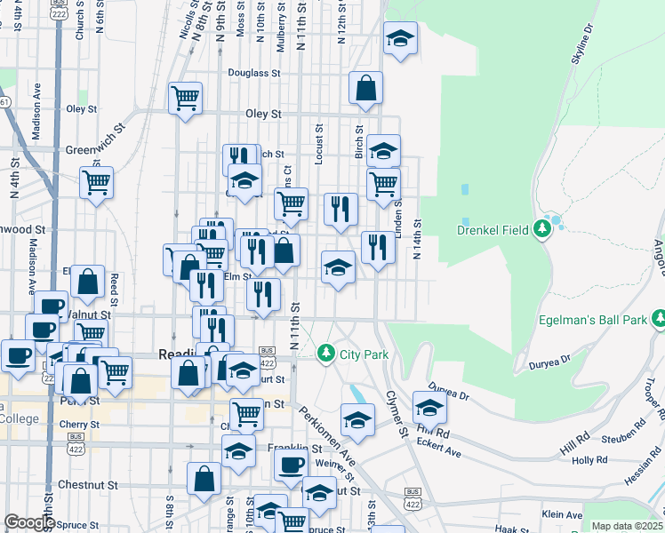 map of restaurants, bars, coffee shops, grocery stores, and more near 1124 Elm Street in Reading