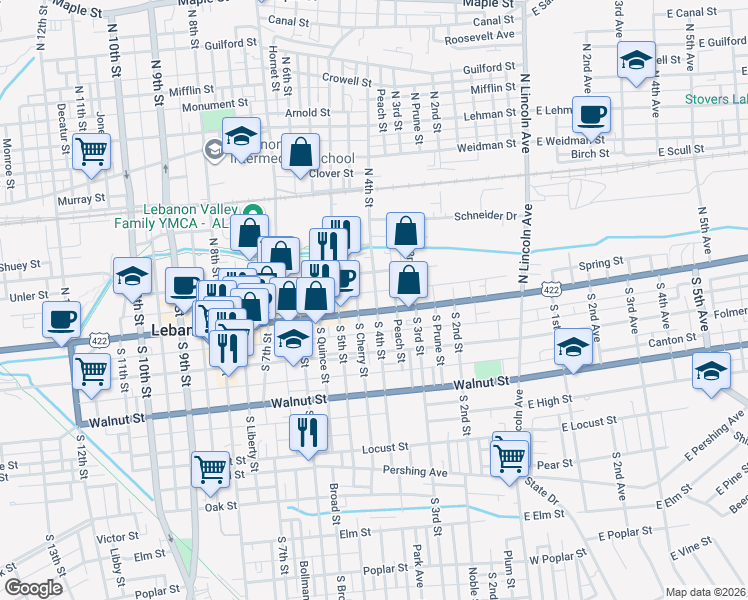 map of restaurants, bars, coffee shops, grocery stores, and more near 338 Cumberland Street in Lebanon