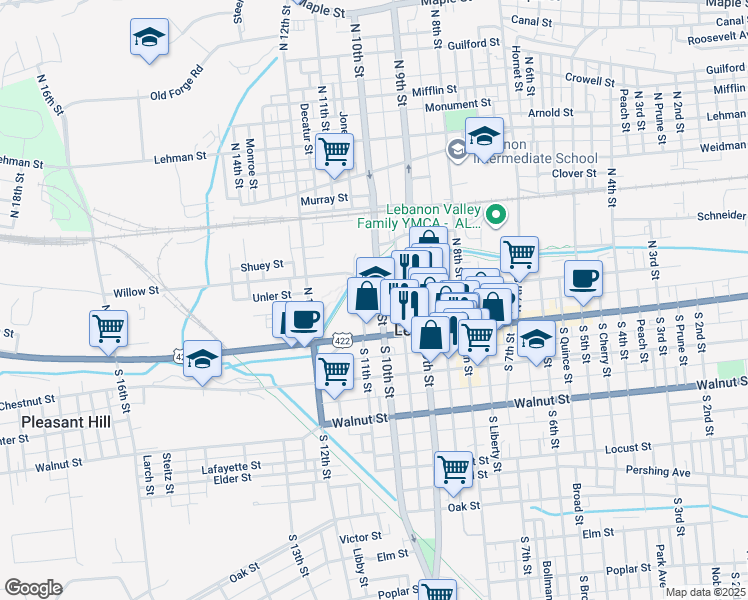 map of restaurants, bars, coffee shops, grocery stores, and more near 15 North 10th Street in Lebanon