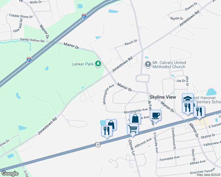 map of restaurants, bars, coffee shops, grocery stores, and more near 7564 Lakeside Avenue in Harrisburg