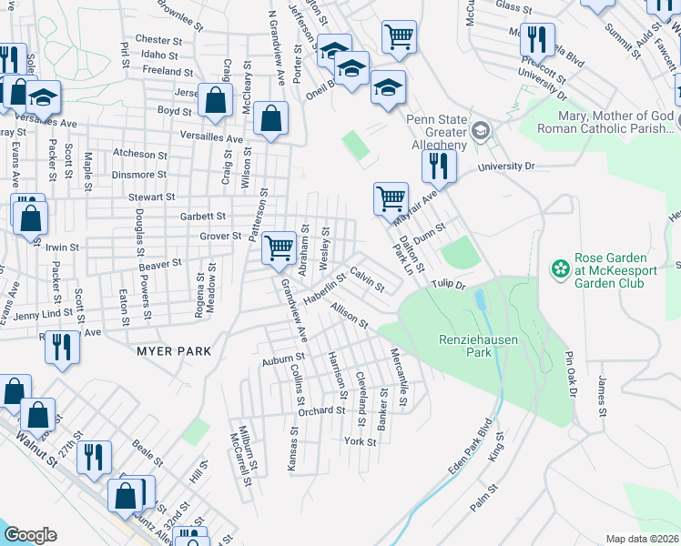 map of restaurants, bars, coffee shops, grocery stores, and more near 2012 Wesley Street in McKeesport