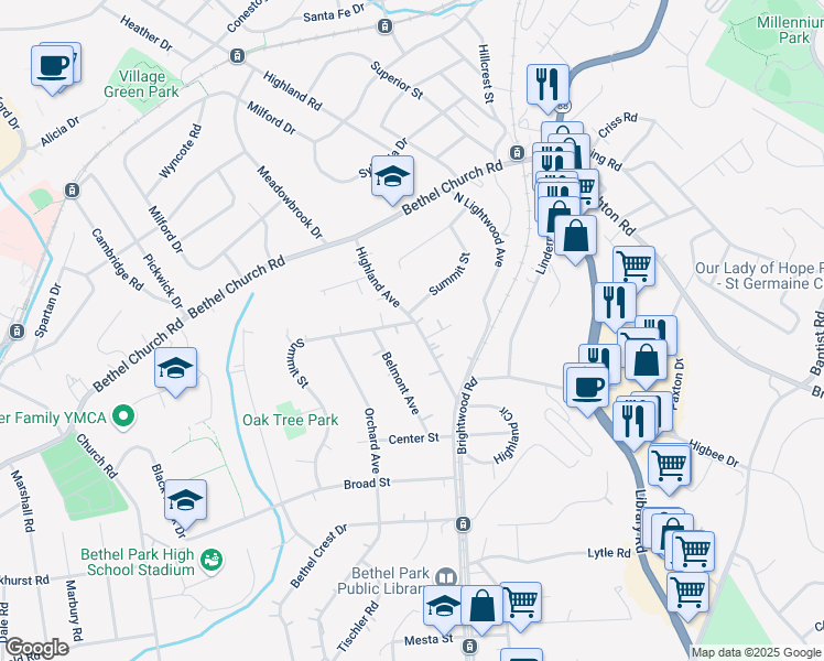 map of restaurants, bars, coffee shops, grocery stores, and more near 5008 Highland Avenue in Bethel Park
