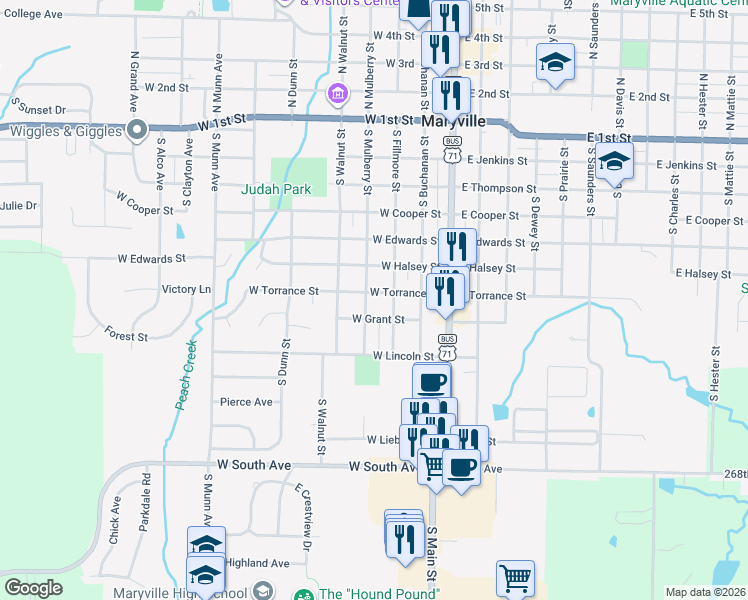 map of restaurants, bars, coffee shops, grocery stores, and more near 350-398 West Grant Street in Maryville