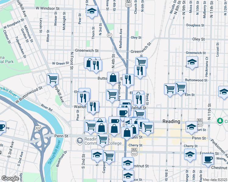 map of restaurants, bars, coffee shops, grocery stores, and more near 403 Elm Street in Reading