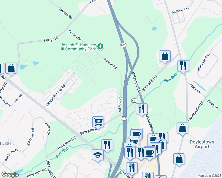 map of restaurants, bars, coffee shops, grocery stores, and more near 3798 Swetland Drive in Doylestown