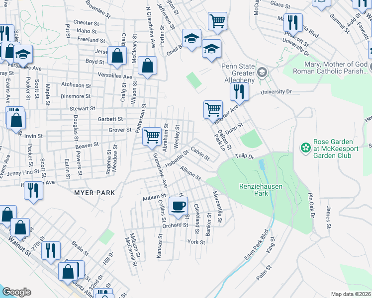 map of restaurants, bars, coffee shops, grocery stores, and more near 1709 Wesley Street in McKeesport