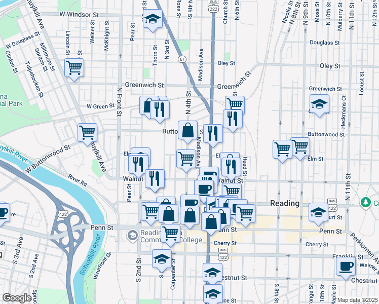 map of restaurants, bars, coffee shops, grocery stores, and more near 403 Elm Street in Reading