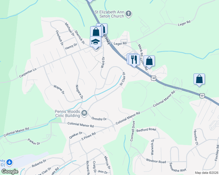 map of restaurants, bars, coffee shops, grocery stores, and more near 164 Anderson Road in Irwin