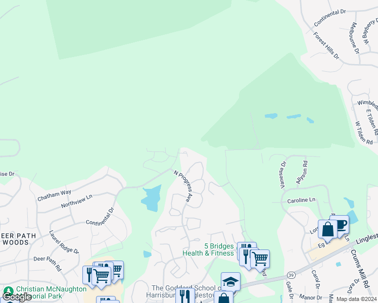 map of restaurants, bars, coffee shops, grocery stores, and more near 520 Woodthrush Court in Harrisburg