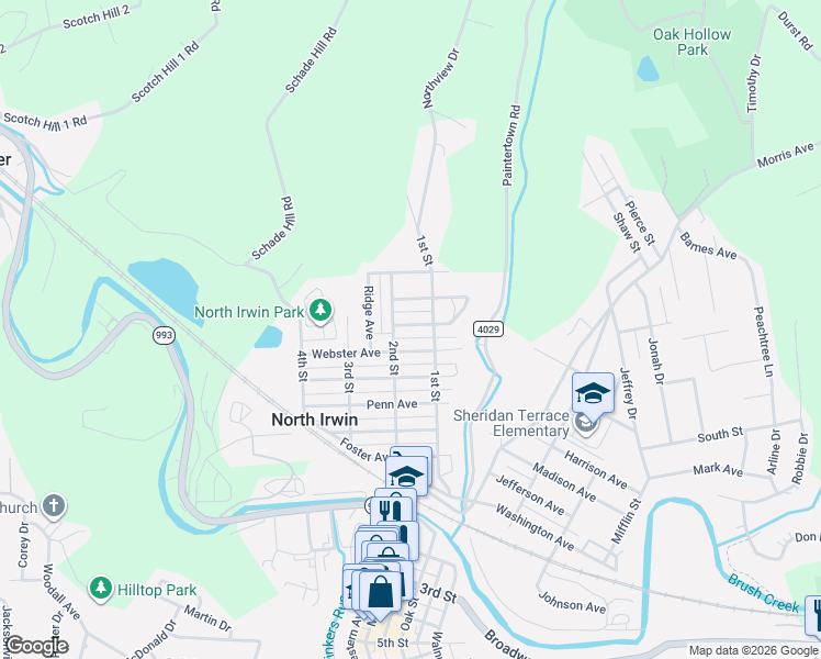 map of restaurants, bars, coffee shops, grocery stores, and more near 21 Madison Avenue in Irwin