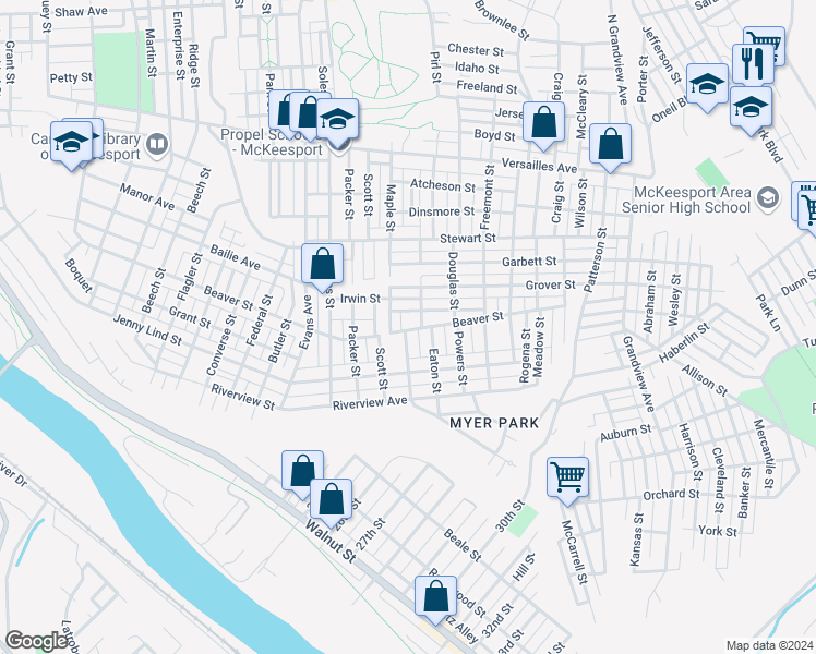 map of restaurants, bars, coffee shops, grocery stores, and more near 2713 Beaver Street in McKeesport