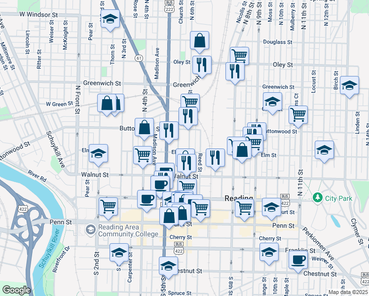 map of restaurants, bars, coffee shops, grocery stores, and more near 333 North 6th Street in Reading