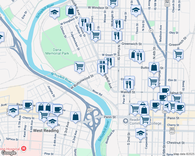 map of restaurants, bars, coffee shops, grocery stores, and more near 233 West Buttonwood Street in Reading
