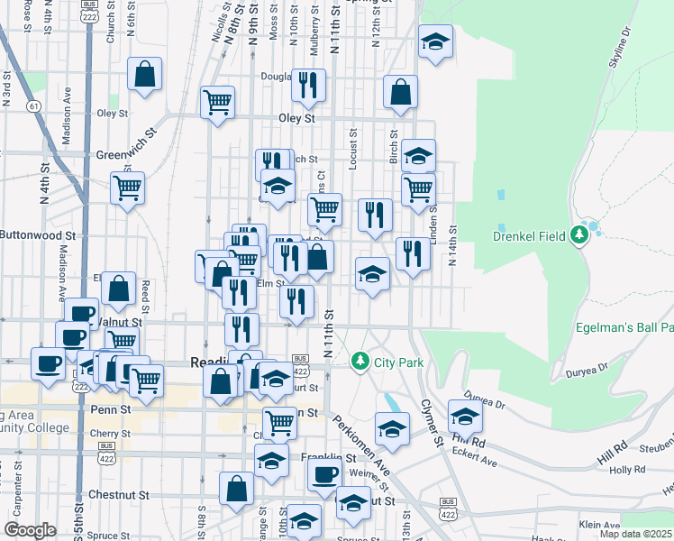 map of restaurants, bars, coffee shops, grocery stores, and more near 349 Locust Street in Reading