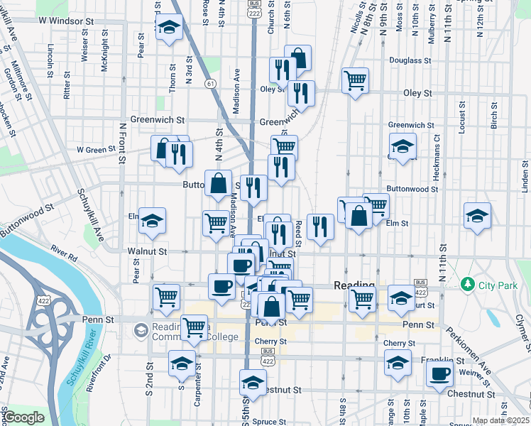 map of restaurants, bars, coffee shops, grocery stores, and more near 331 North 5th Street in Reading