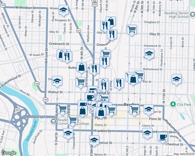 map of restaurants, bars, coffee shops, grocery stores, and more near 331 North 5th Street in Reading