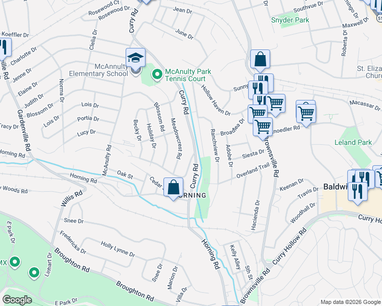 map of restaurants, bars, coffee shops, grocery stores, and more near 5321 Meadowcrest Road in Pittsburgh