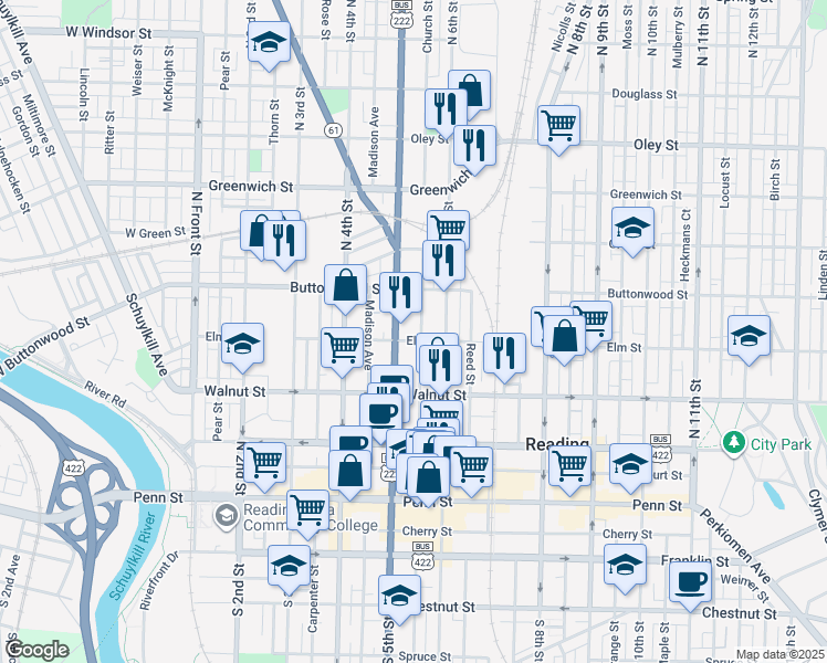 map of restaurants, bars, coffee shops, grocery stores, and more near 331 North 5th Street in Reading