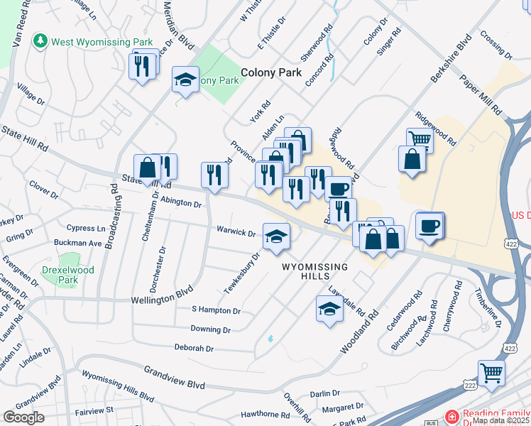 map of restaurants, bars, coffee shops, grocery stores, and more near 1193 Berkshire Boulevard in Wyomissing