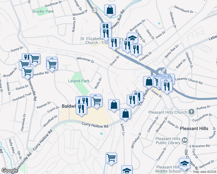 map of restaurants, bars, coffee shops, grocery stores, and more near 5464 Wolfe Drive in Pittsburgh