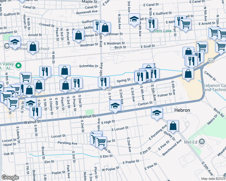 map of restaurants, bars, coffee shops, grocery stores, and more near 51 Spring Street in Lebanon
